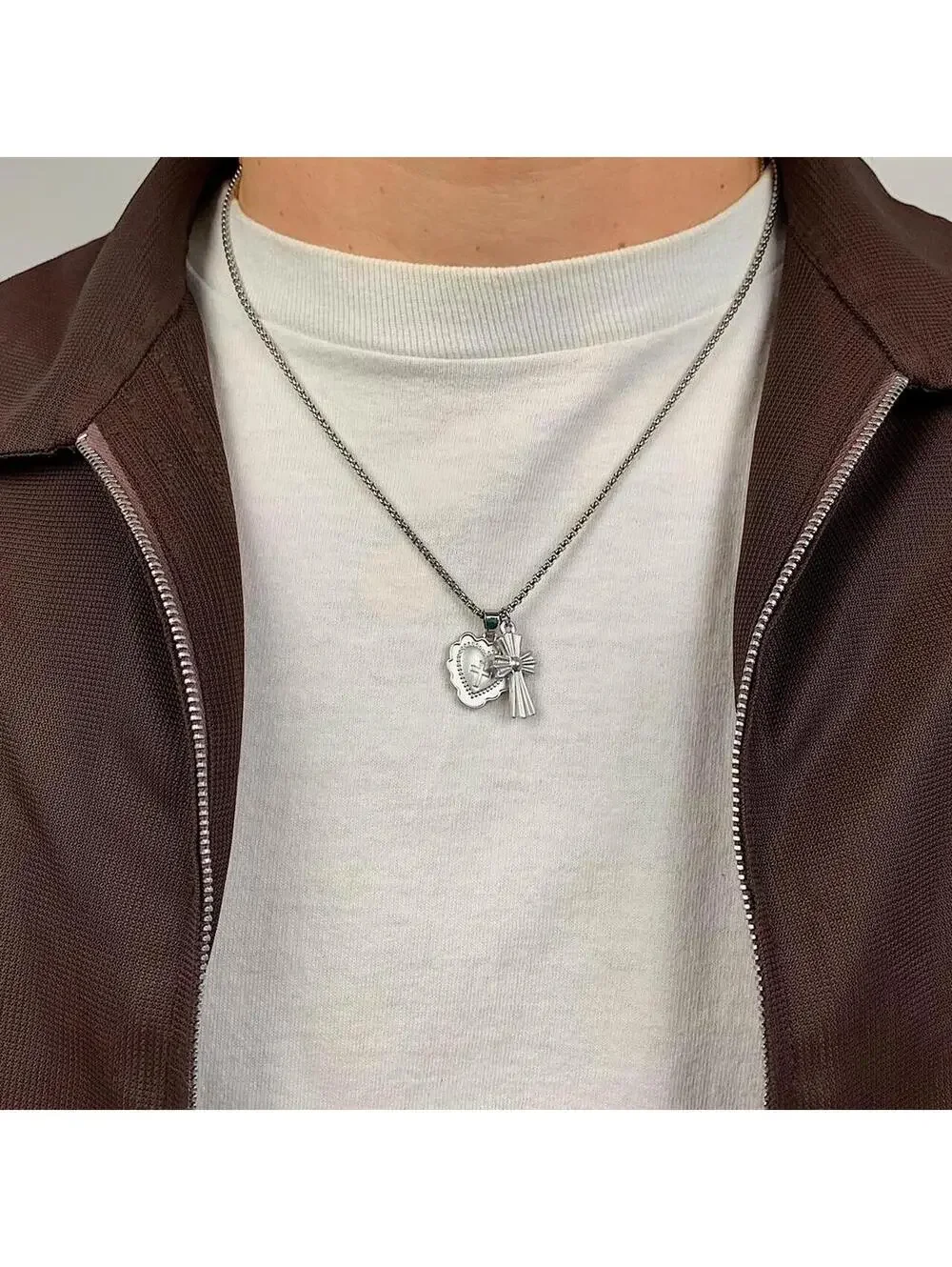 Y2k grunge style Silver stainless steel gothic cross and heart shaped pendant